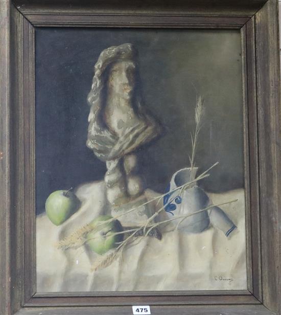 L. Goosens, oil on panel, still life of a bust and apples, signed, 49 x 38cm